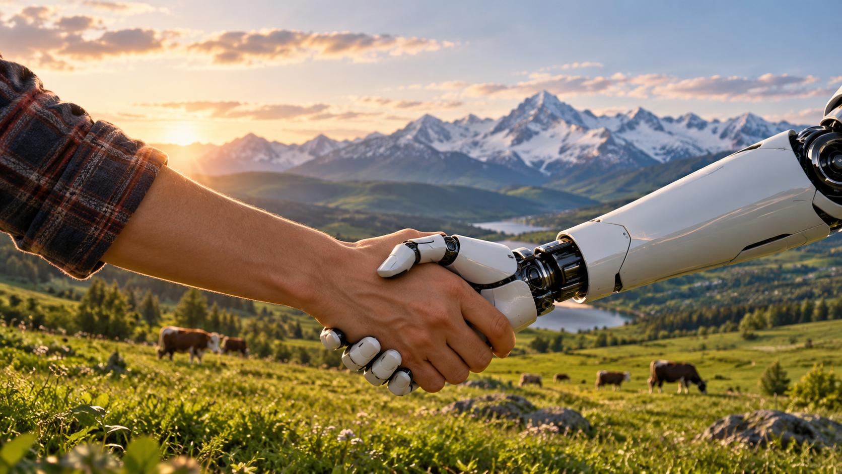 Apretón de manos entre una persona y un robot ante un paisaje, símbolo del nexo entre el mundo real y la inteligencia artificial